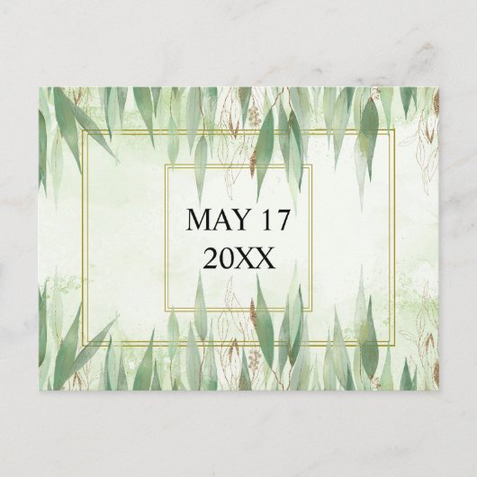 Eukalyptus Frame Green Gold Foliage Save the Date Postkarte (Vorderseite)