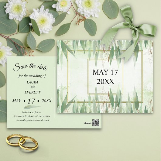 Eukalyptus Frame Green Gold Foliage Save the Date Postkarte