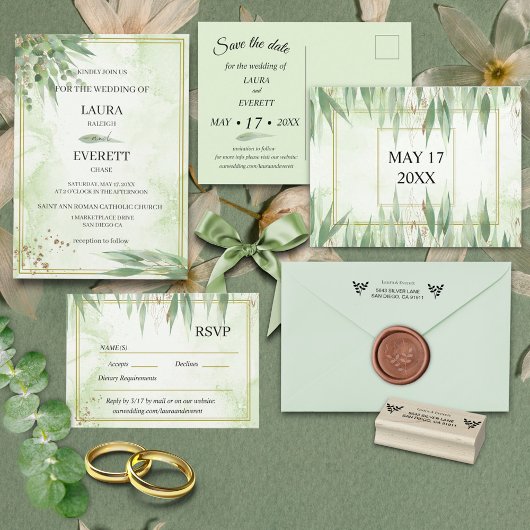 Eukalyptus Frame Green Gold Foliage Save the Date Postkarte