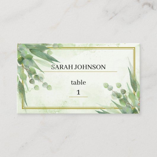 Eukalyptus Frame Green Gold Foliage Wedding Platzkarte (Vorderseite)