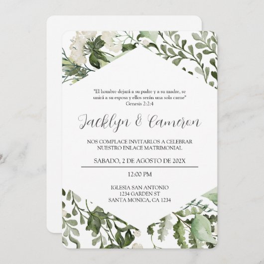 Eukalyptus frame Spanish Wedding Einladung (Vorne/Hinten)