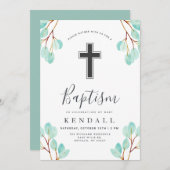 Eukalyptus fresh | Grüne Themed Taufe Einladung (Vorne/Hinten)