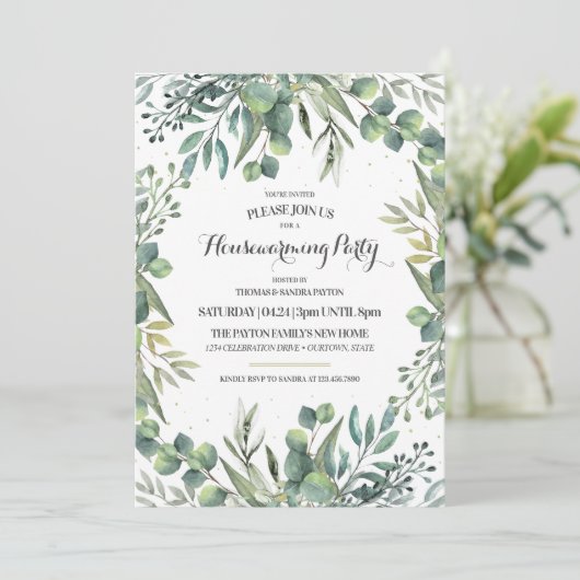 Eukalyptus Garden Housewarming Party Einladung (Stehend Vorderseite)