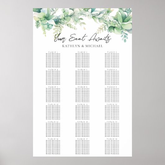 Eukalyptus Garden Wedding 18 Table Seating Charts Poster (Vorne)