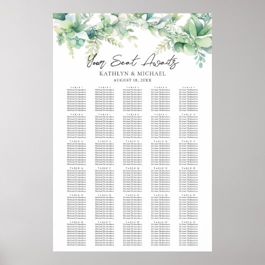 Eukalyptus Garden Wedding 30 Table Seating Charts Poster (Vorne)