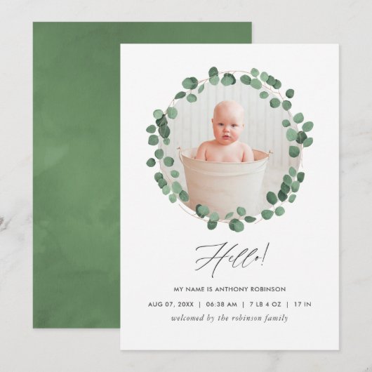 Eukalyptus-Geburtskarte Ankündigung (Vorne/Hinten)