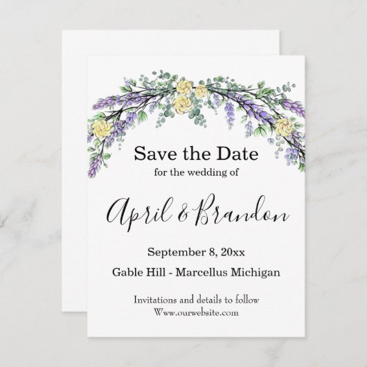 Eukalyptus-Gelbe Rosen Save The Date (Vorne/Hinten)