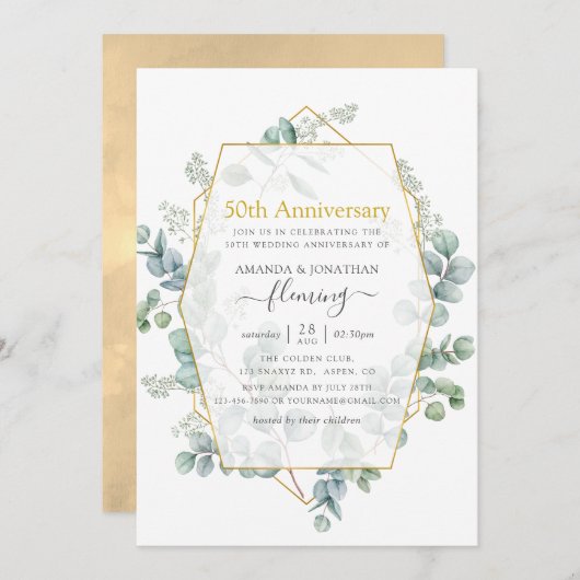 Eukalyptus Geometric 50. Hochzeitstag Einladung (Vorne/Hinten)