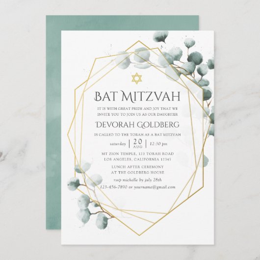 Eukalyptus Geometric Bat Mitzvah Einladung (Vorne/Hinten)