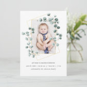Eukalyptus Geometric Birth Announcement Foto Card Ankündigung (Stehend Vorderseite)