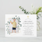 Eukalyptus Geometric First Holy Communion Einladung (Stehend Vorderseite)