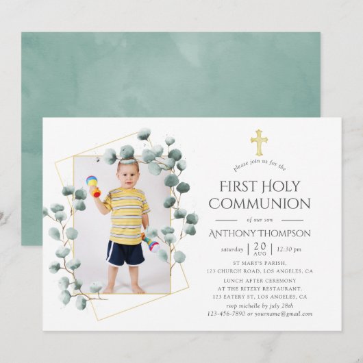 Eukalyptus Geometric First Holy Communion Einladung (Vorne/Hinten)