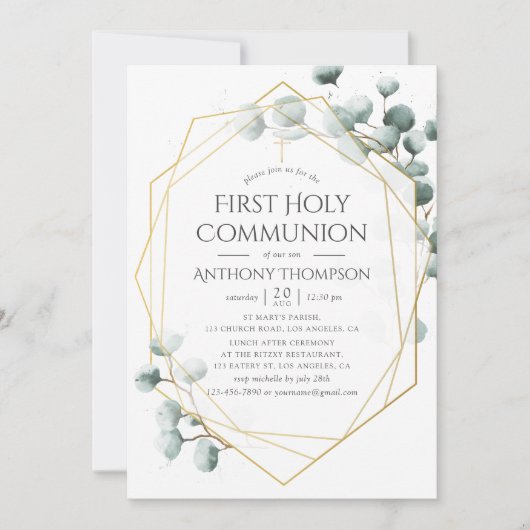 Eukalyptus Geometric First Holy Communion Einladung (Vorderseite)