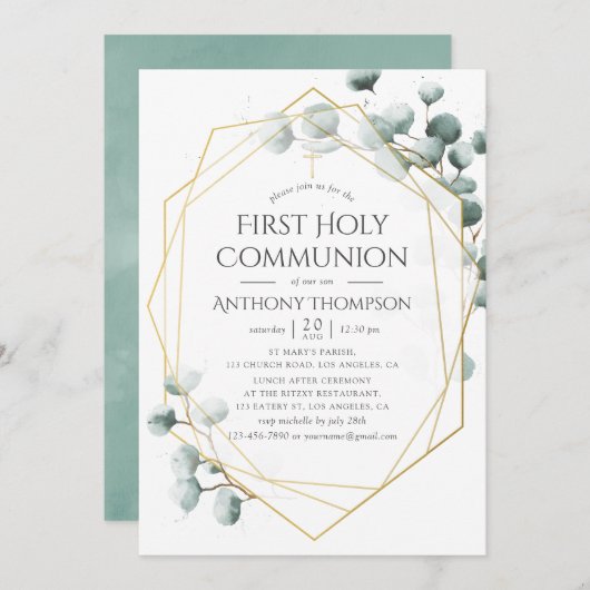 Eukalyptus Geometric First Holy Communion Einladung (Vorne/Hinten)