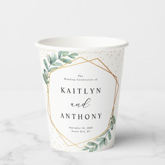 Eukalyptus Geometric Gold Foil Wedding Pappbecher (Vorderseite)