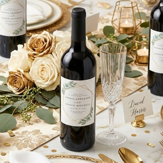 Eukalyptus Geometric Gold Foil Wedding Weinetikett