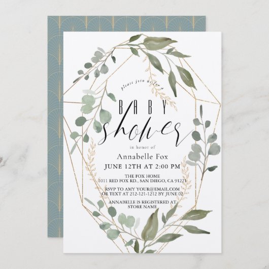 Eukalyptus Geometric Gold Frame Green Baby Dusche Einladung (Vorne/Hinten)
