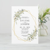 Eukalyptus Geometric Gold Frame Wedding Einladung (Stehend Vorderseite)