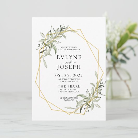 Eukalyptus Geometric Gold Frame Wedding Einladung (Stehend Vorderseite)