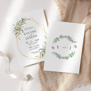 Eukalyptus Geometric Gold Frame Wedding Einladung
