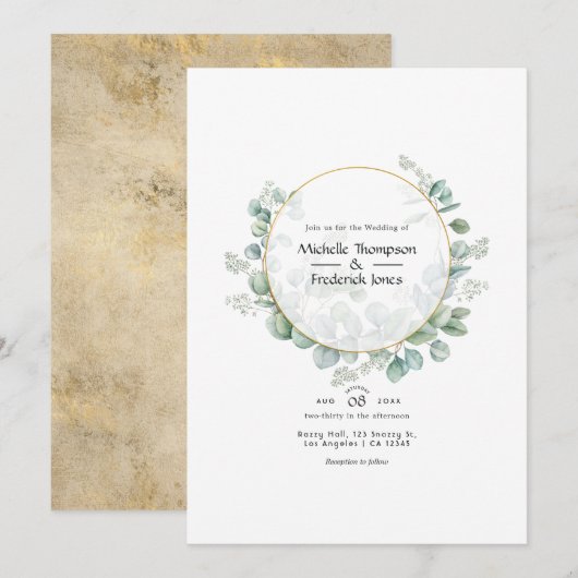 Eukalyptus Geometric Gold Wedding Einladung (Vorne/Hinten)