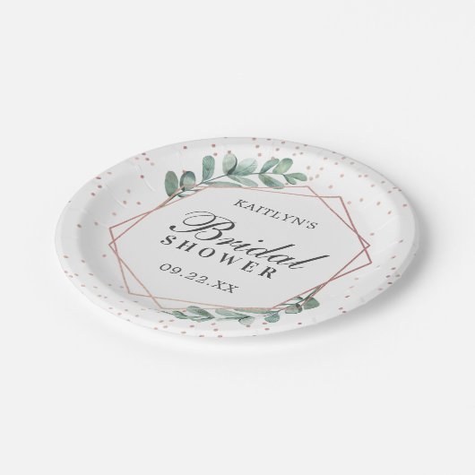 Eukalyptus Geometric Rose Gold Foil Brautparty Pappteller (Schrägansicht)