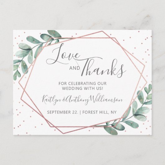 Eukalyptus Geometric Rose Gold Foil Wedding Ankündigungspostkarte (Vorderseite)