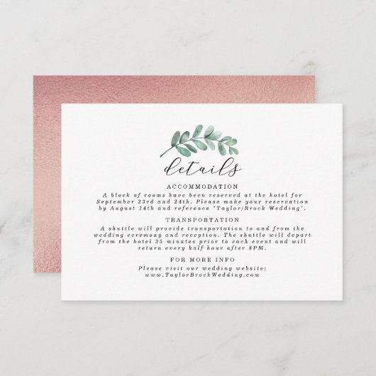 Eukalyptus Geometric Rose Gold Foil Wedding Begleitkarte (Vorne/Hinten)