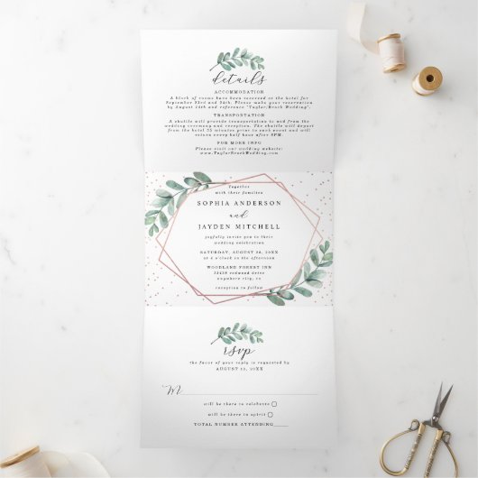 Eukalyptus Geometric Rose Gold Foil Wedding Dreifach Gefaltete Einladung (Innenseite)