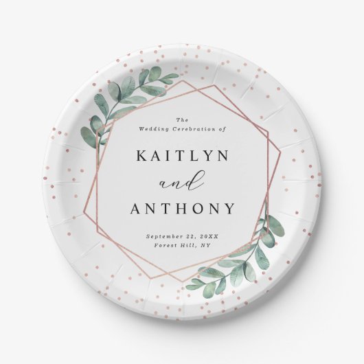 Eukalyptus Geometric Rose Gold Foil Wedding Pappteller (Vorderseite)