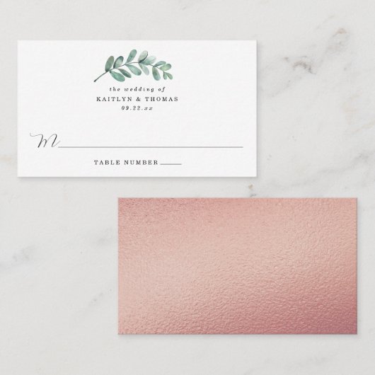 Eukalyptus Geometric Rose Gold Foil Wedding Platzkarte (Vorne/Hinten)