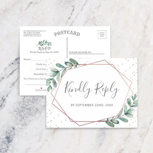 Eukalyptus Geometric Rose Gold Foil Wedding RSVP Ankündigungspostkarte
