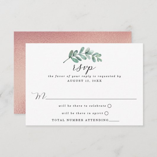 Eukalyptus Geometric Rose Gold Foil Wedding RSVP Karte (Vorne/Hinten)