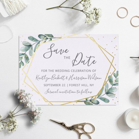Eukalyptus Geometric Save the Date Real Folie Einladungspostkarte