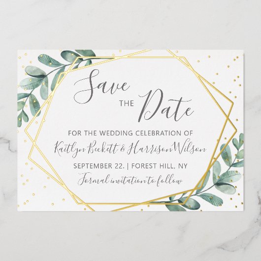Eukalyptus Geometric Save the Date Real Folieneinladung (Vorderseite)