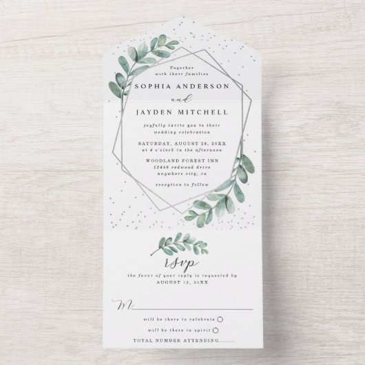 Eukalyptus Geometric Silver Foil Wedding All In One Einladung (Innen Boden)