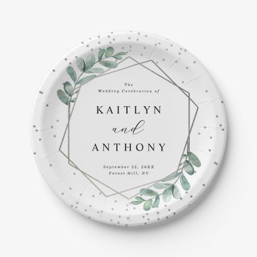 Eukalyptus Geometric Silver Foil Wedding Pappteller (Vorderseite)