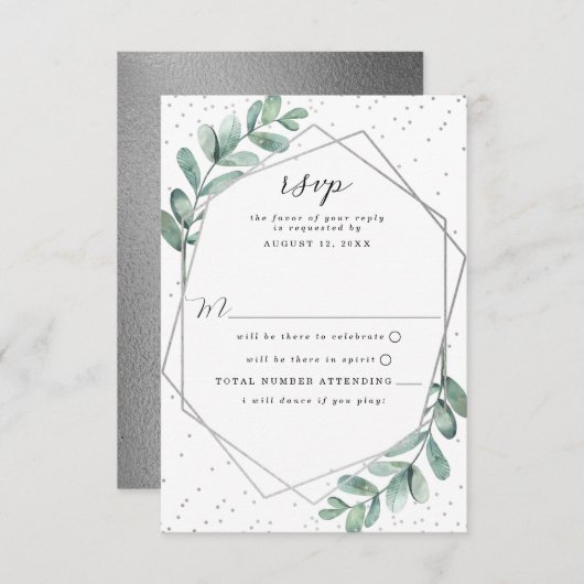 Eukalyptus Geometric Silver Foil Wedding RSVP Karte (Vorne/Hinten)