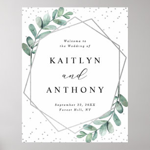 Eukalyptus Geometric Silver Foil Wedding Willkomme Poster