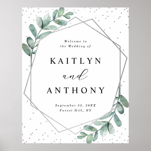 Eukalyptus Geometric Silver Foil Wedding Willkomme Poster (Vorne)