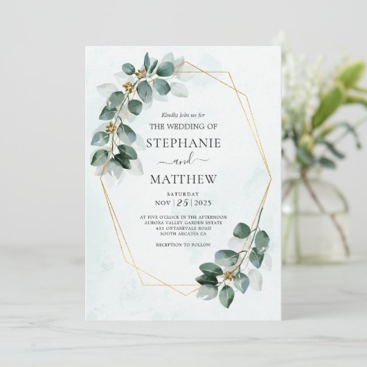 Eukalyptus Geometric Watercolor Foliage Wedding Einladung (Stehend Vorderseite)