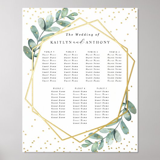 Eukalyptus Geometric Wedding Chart Real Foliendrucke (Vorderseite)