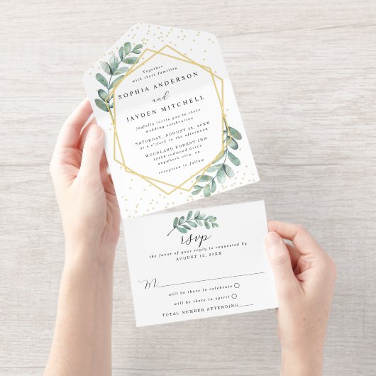 Eukalyptus Geometric Wedding Real Foil gepresst All-in-One-Einladung (Abreißstreifen)