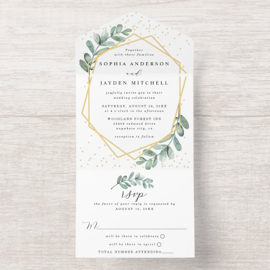 Eukalyptus Geometric Wedding Real Foil gepresst All-in-One-Einladung (Innenseite)