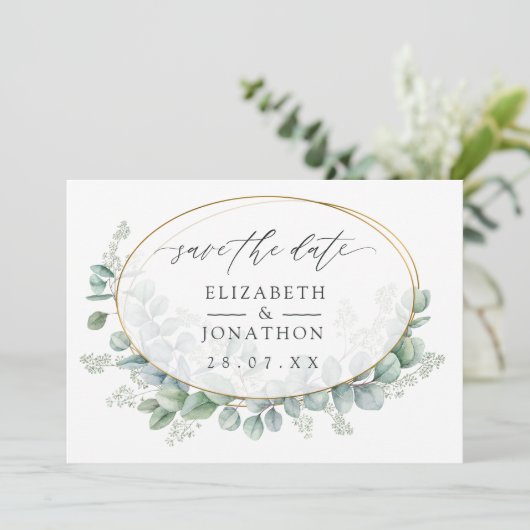 Eukalyptus Geometric Wedding Save The Date (Stehend Vorderseite)