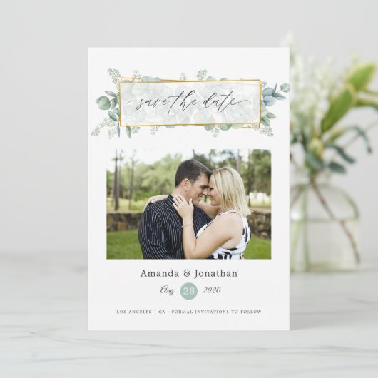 Eukalyptus Geometric Wedding Save The Date (Stehend Vorderseite)