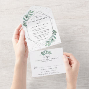 Eukalyptus Geometrische Silberfolie Hochzeit All In One Einladung