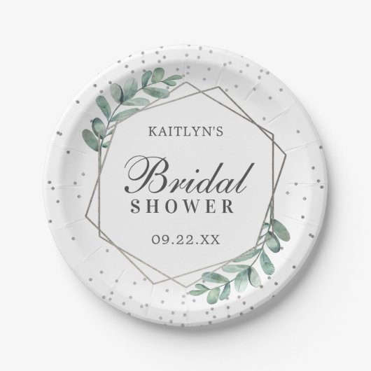 Eukalyptus Geometrisches Silver Foil Brautparty Pappteller (Vorderseite)