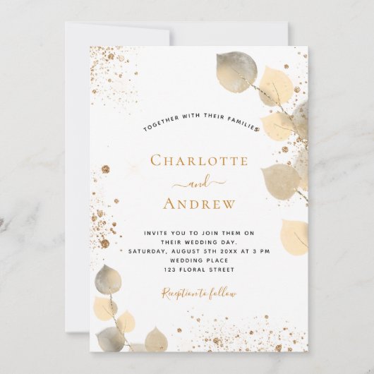 Eukalyptus-Glitzer, goldgelbes Blattwerk Glitzer Einladung (Vorderseite)