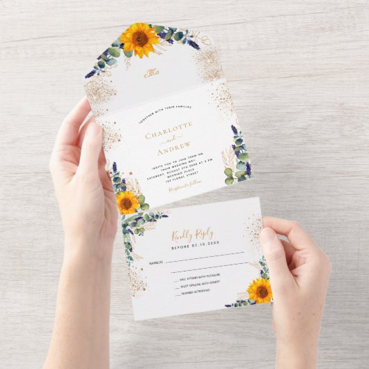 Eukalyptus-Glitzer Hochzeit von Sonnenblumen All In One Einladung (Abreißen)